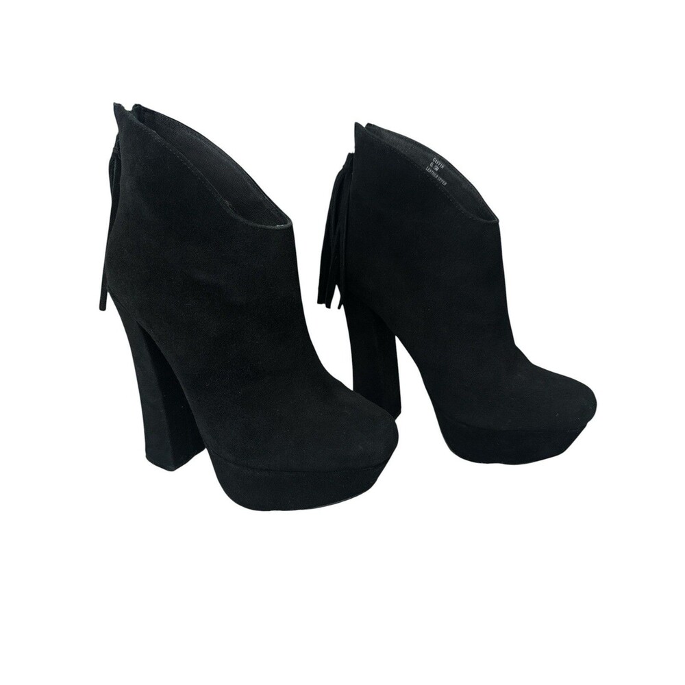 Steve Madden Gavvin Black Suede Platform Ankle Booties Tassel Block Heels 6.5 - Picture 2 of 9
